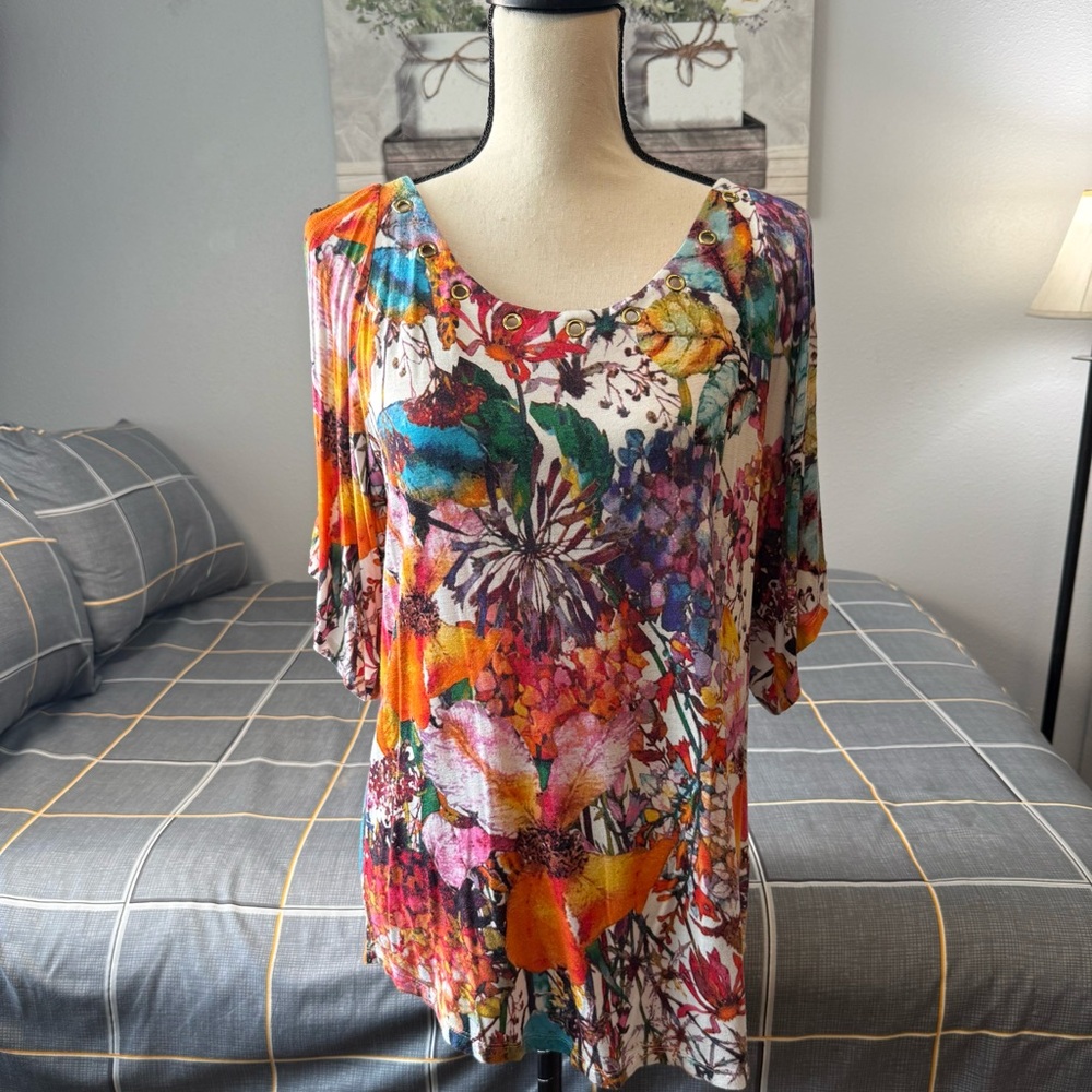 ♥️Spense Floral Multicolor Women's Cold Shoulder Top Size Large - Picture 2 of 10